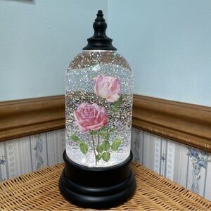 Lighted Elegant Black and Pink Rose Snow Glitter Globe NWOT